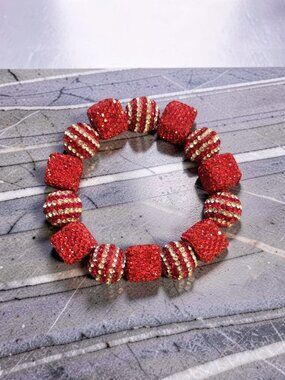Very chunky Rhinestone Bright Red Bracelet~ Handmade 7.5 in